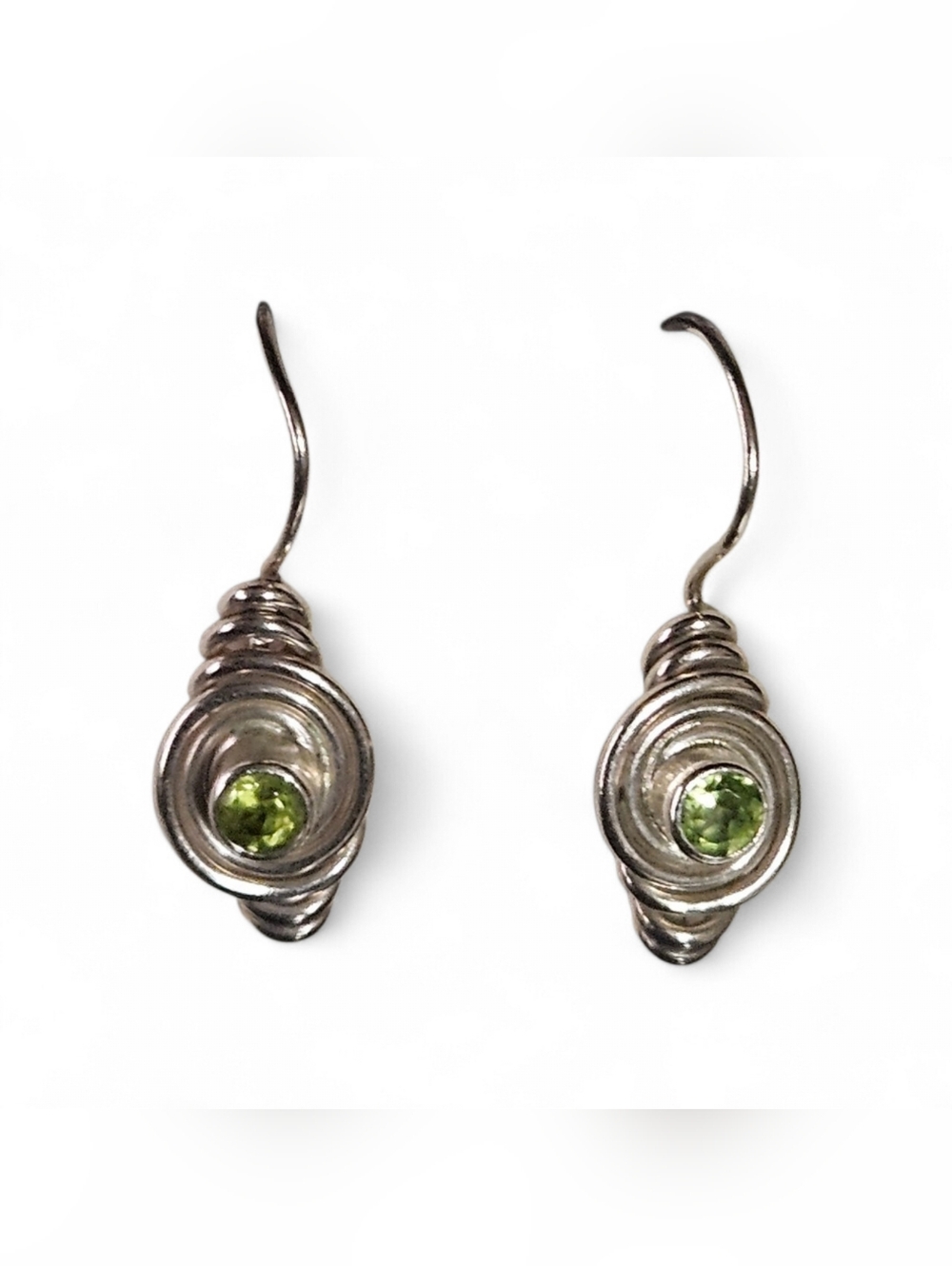 Handcrafted Sterling Silver Spiral Ocean Peridot Wave Dangle Earrings ~ EUC